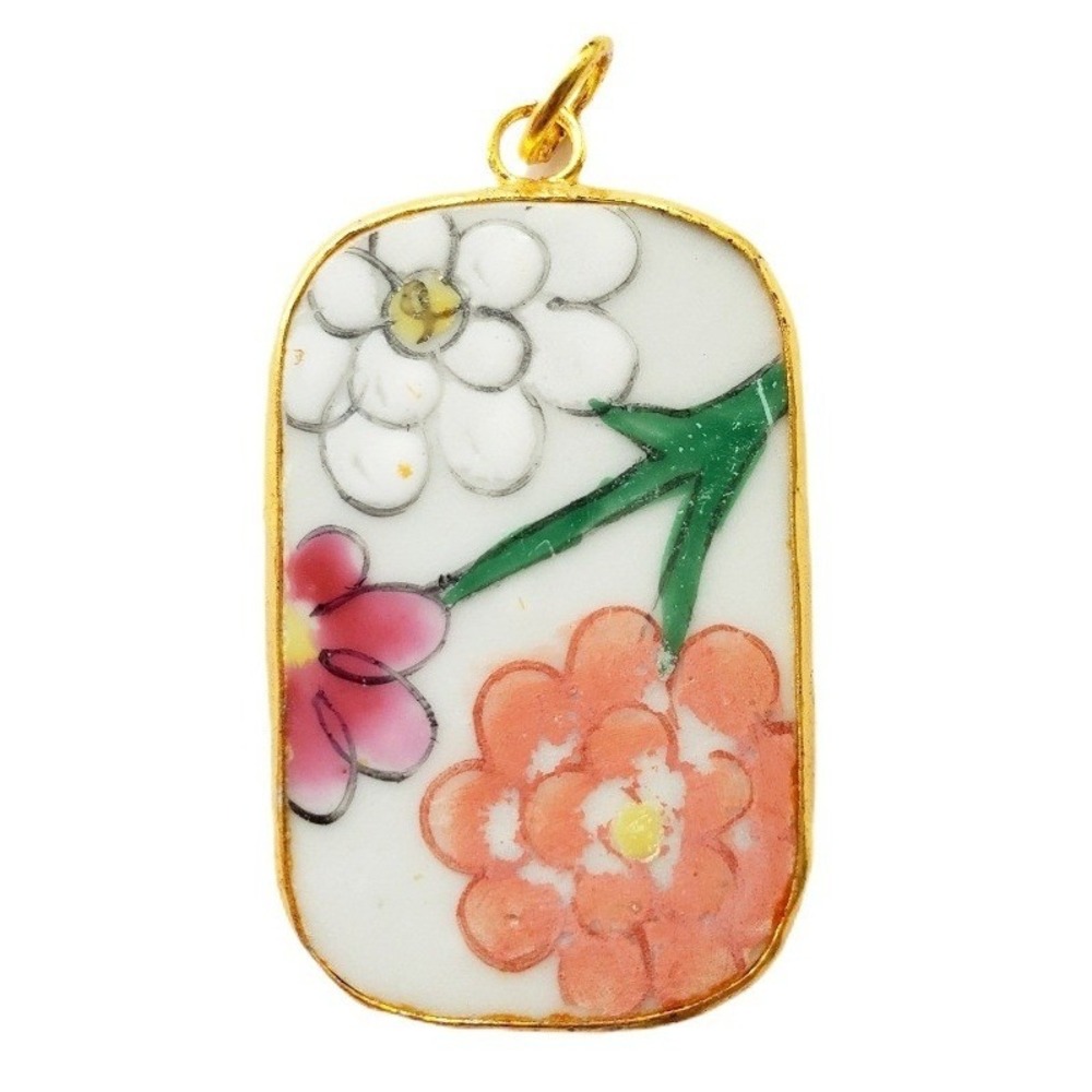 Hand Painted Floral Porcelain Pendant Gold Tone Rectangular Flower Pottery Shard